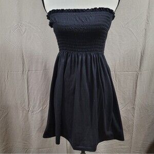 Womens small black smocked ruffle tube top mini dress cover up